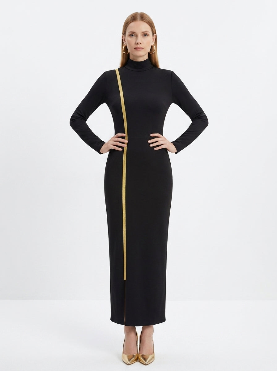 LadyLuxury | Elegant Gold Webbing High Neck Bodycon Maxi Dress in Black