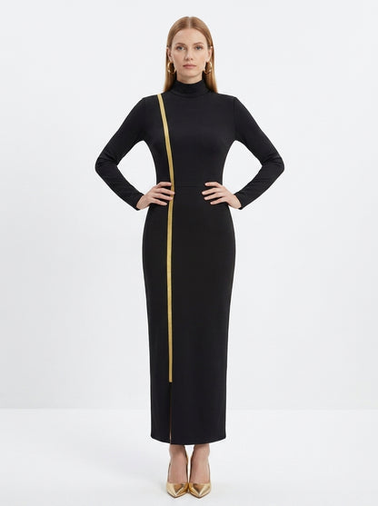 LadyLuxury | Elegant Gold Webbing High Neck Bodycon Maxi Dress in Black