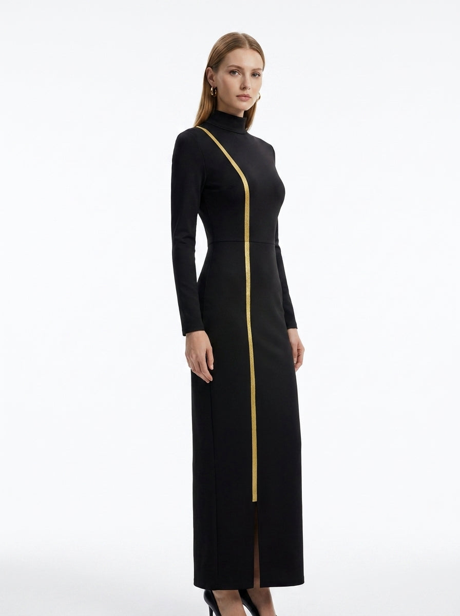 LadyLuxury | Elegant Gold Webbing High Neck Bodycon Maxi Dress in Black