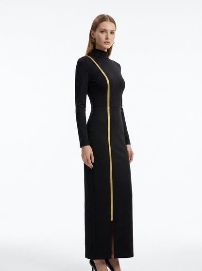 LadyLuxury | Elegant Gold Webbing High Neck Bodycon Maxi Dress in Black