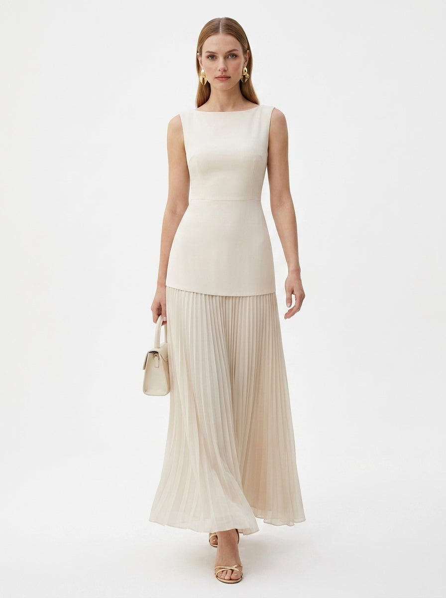 LadyLuxury | Patchwork Pleated Maxi Dress - Elegant Sleeveless Evening Gown