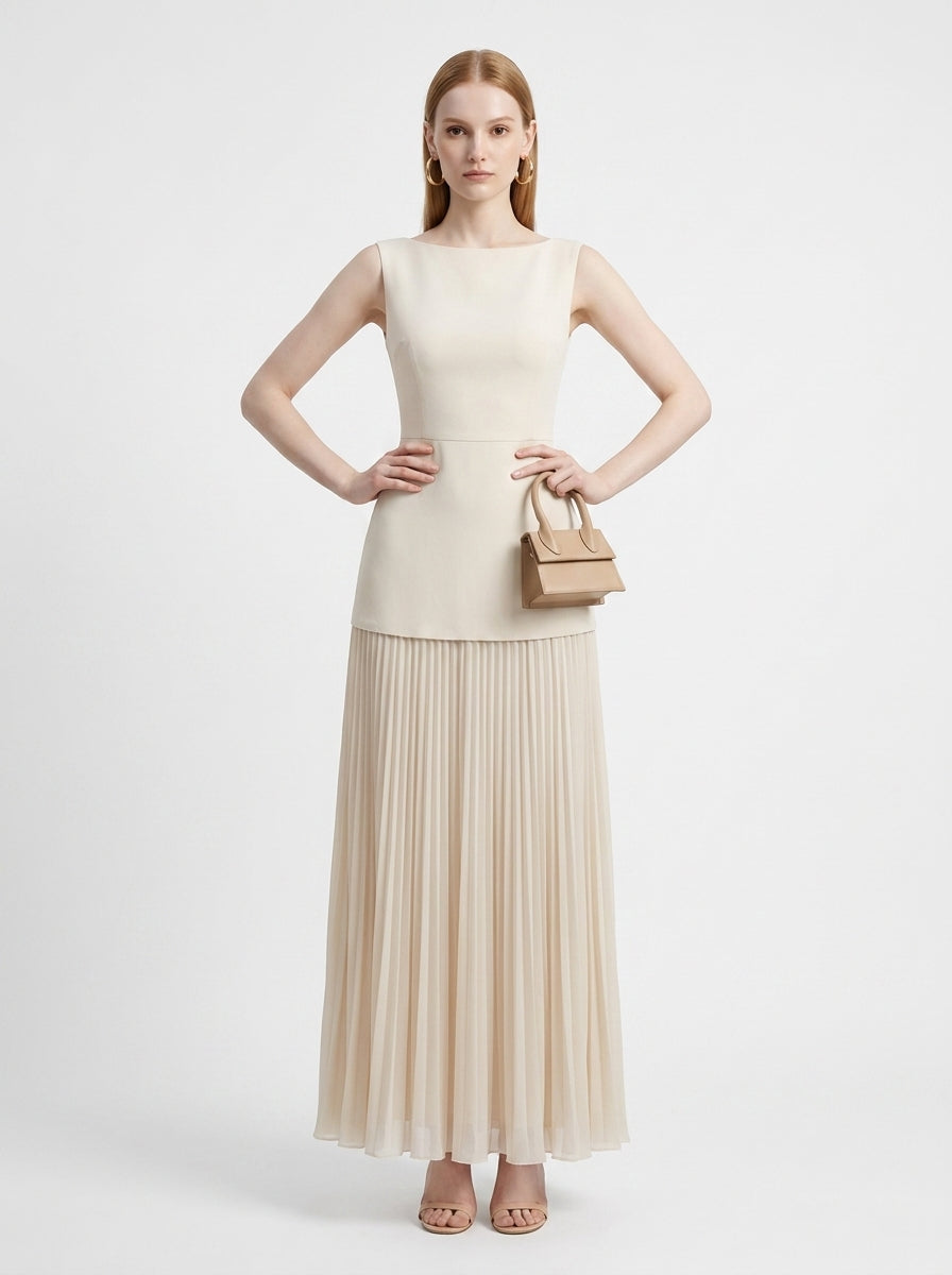 LadyLuxury | Patchwork Pleated Maxi Dress - Elegant Sleeveless Evening Gown
