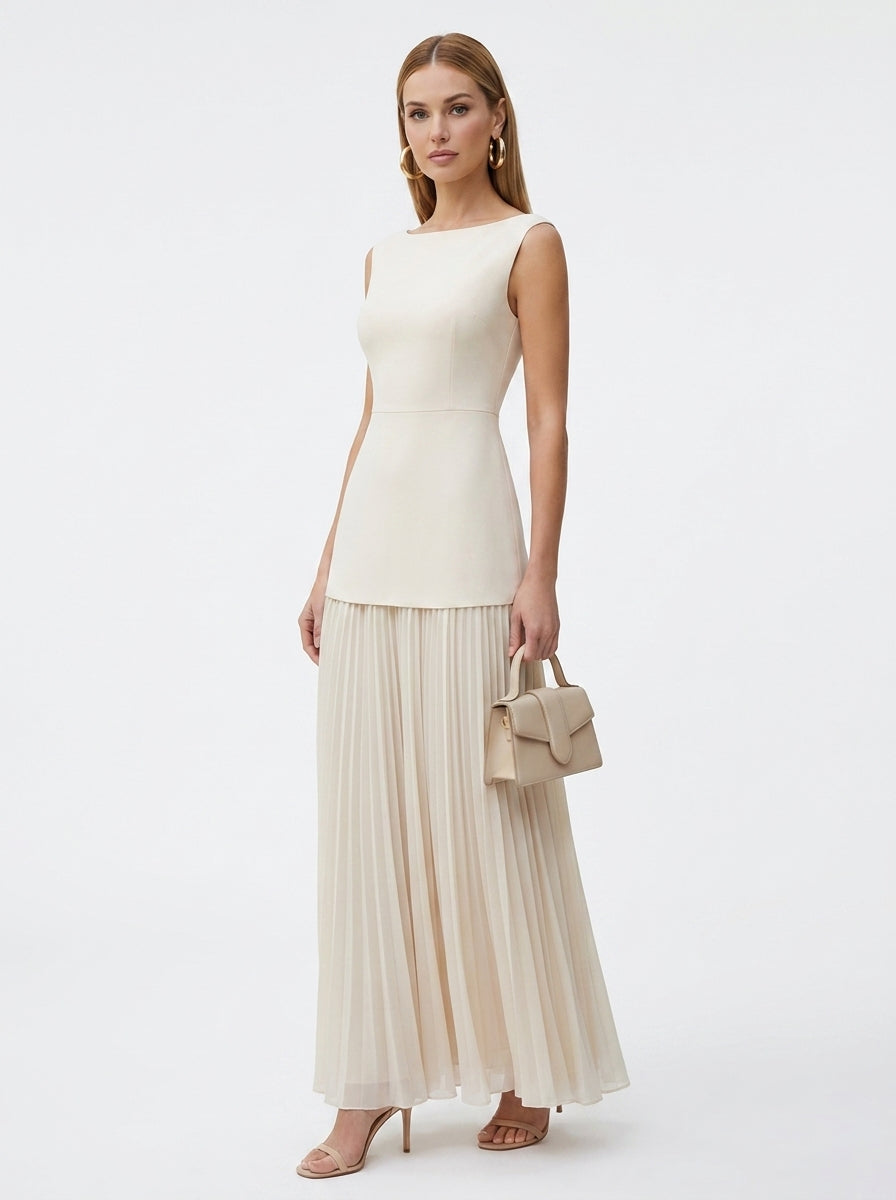 LadyLuxury | Patchwork Pleated Maxi Dress - Elegant Sleeveless Evening Gown