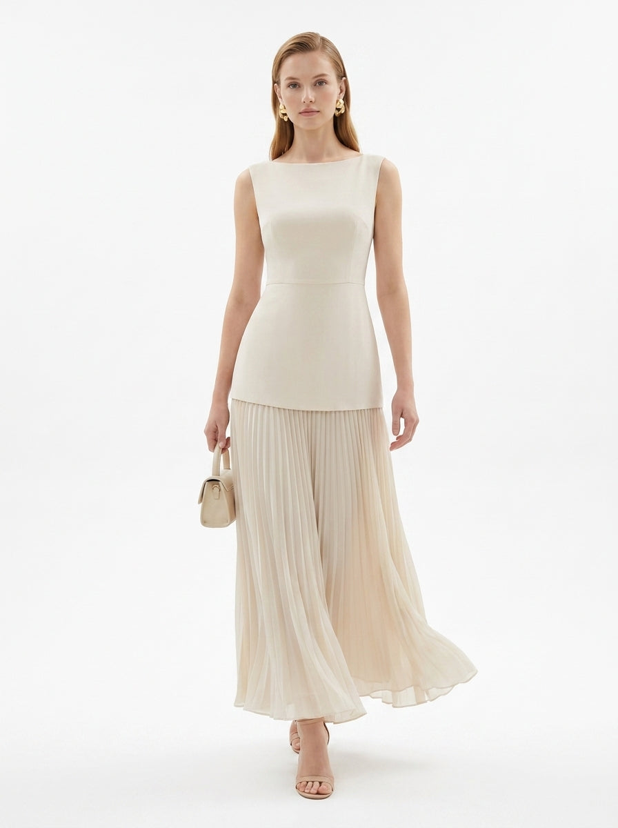 LadyLuxury | Patchwork Pleated Maxi Dress - Elegant Sleeveless Evening Gown