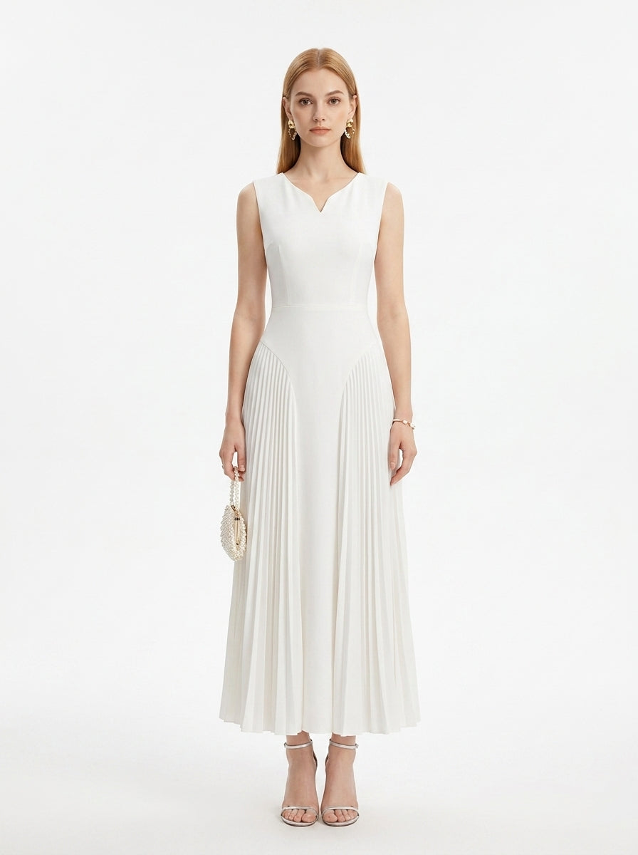LadyLuxury | Elegant V-Neck Pleated Maxi Dress in White