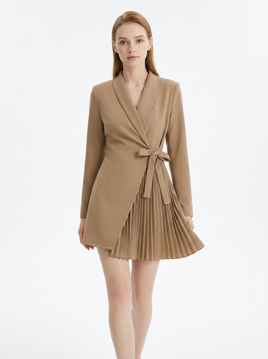 LadyLuxury | Elegant V-Neck Blazer Mini Dress - Pleated Hem & Lace-Up Waist