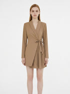 LadyLuxury | Elegant V-Neck Blazer Mini Dress - Pleated Hem & Lace-Up Waist