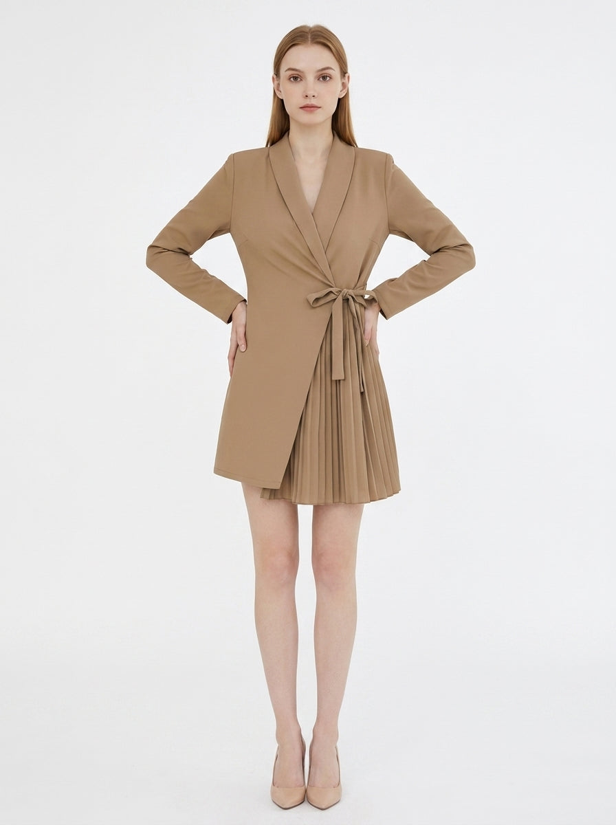 LadyLuxury | Elegant V-Neck Blazer Mini Dress - Pleated Hem & Lace-Up Waist
