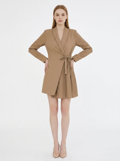 LadyLuxury | Elegant V-Neck Blazer Mini Dress - Pleated Hem & Lace-Up Waist