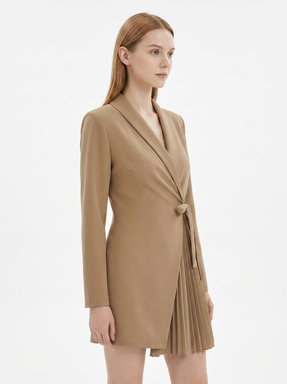 LadyLuxury | Elegant V-Neck Blazer Mini Dress - Pleated Hem & Lace-Up Waist