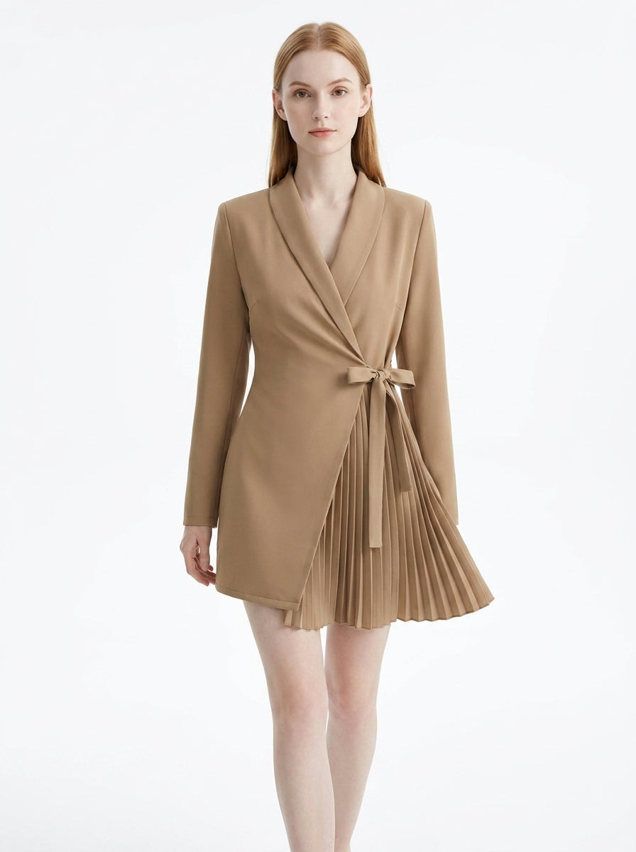 LadyLuxury | Elegant V-Neck Blazer Mini Dress - Pleated Hem & Lace-Up Waist