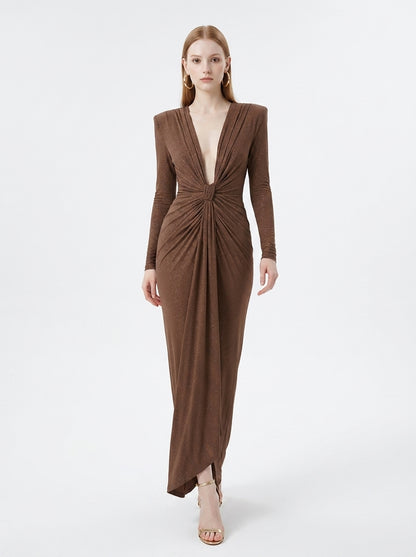 LadyLuxury | Elegant Pleated Floor-Length Evening Dress with V-Neck and Long Sleeves