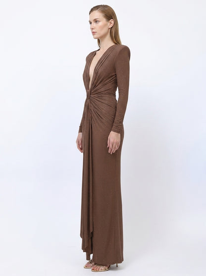 LadyLuxury | Elegant Pleated Floor-Length Evening Dress with V-Neck and Long Sleeves