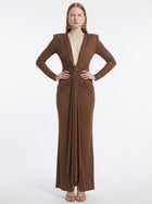 LadyLuxury | Elegant Pleated Floor-Length Evening Dress with V-Neck and Long Sleeves
