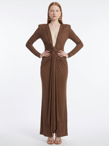 LadyLuxury | Elegant Pleated Floor-Length Evening Dress with V-Neck and Long Sleeves