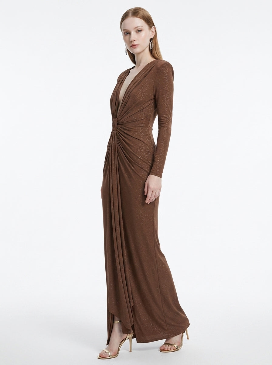 LadyLuxury | Elegant Pleated Floor-Length Evening Dress with V-Neck and Long Sleeves