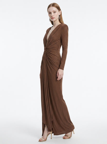 LadyLuxury | Elegant Pleated Floor-Length Evening Dress with V-Neck and Long Sleeves