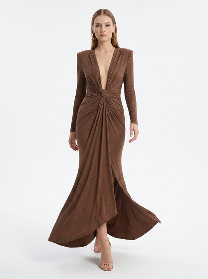 LadyLuxury | Elegant Pleated Floor-Length Evening Dress with V-Neck and Long Sleeves