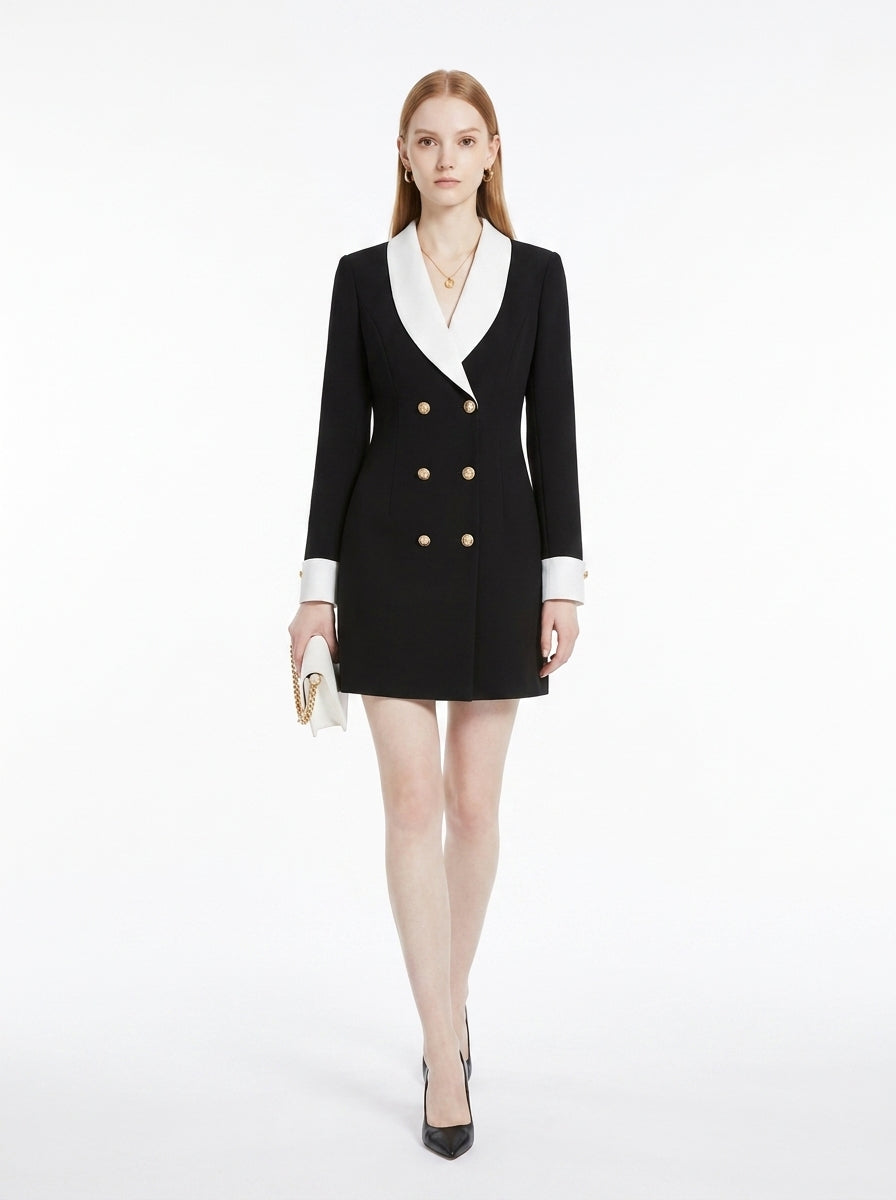 LadyLuxury | Black and White Contrast Lapel Slim Long Sleeve Commuter Dress
