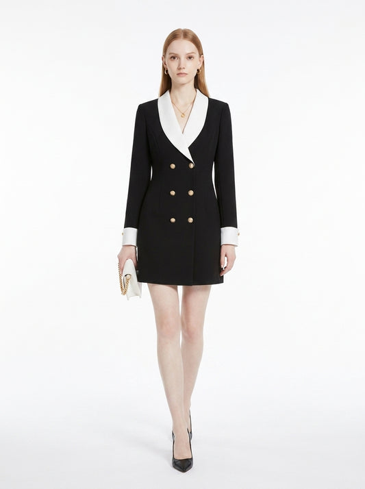 LadyLuxury | Black and White Contrast Lapel Slim Long Sleeve Commuter Dress