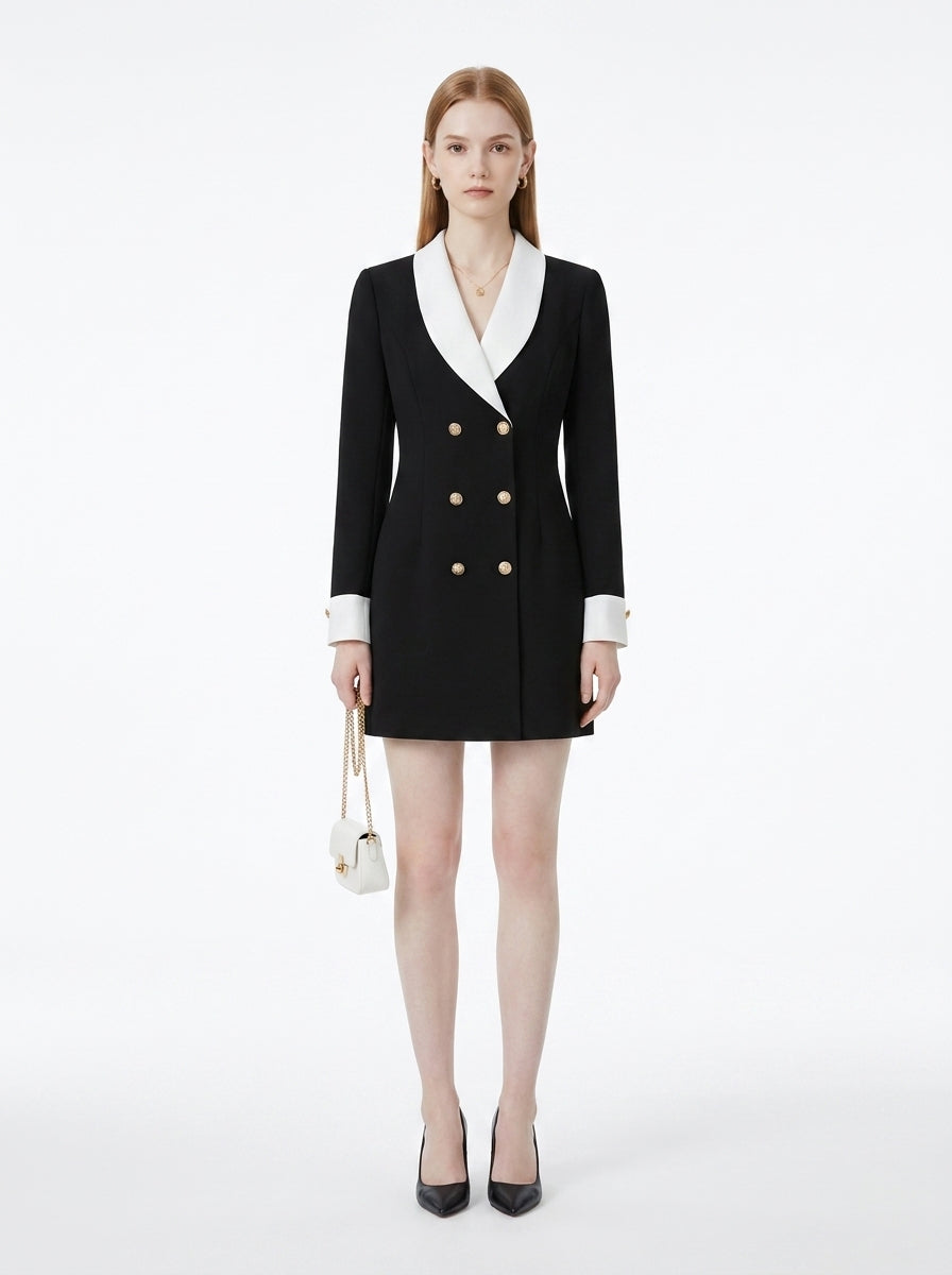 LadyLuxury | Black and White Contrast Lapel Slim Long Sleeve Commuter Dress
