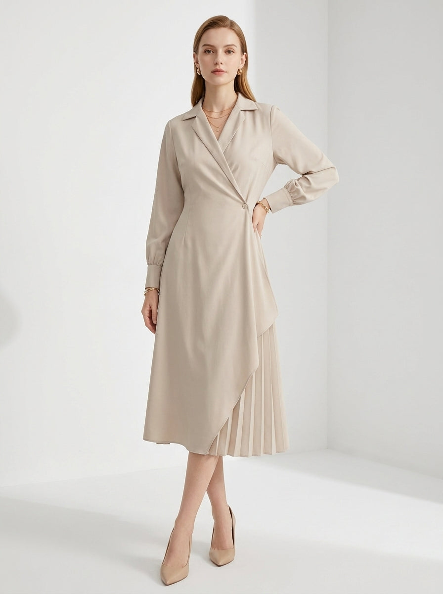 LadyLuxury | Elegant Pleated Shirt Dress with Retro Suit Collar for Office & Workwear