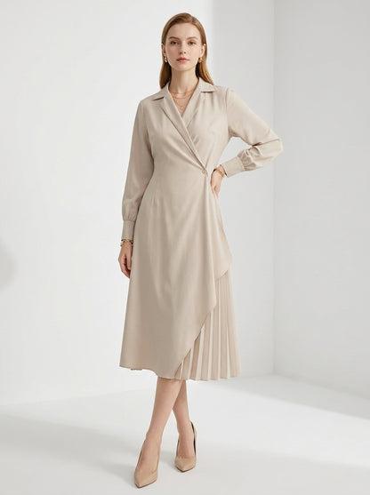LadyLuxury | Elegant Pleated Shirt Dress with Retro Suit Collar for Office & Workwear