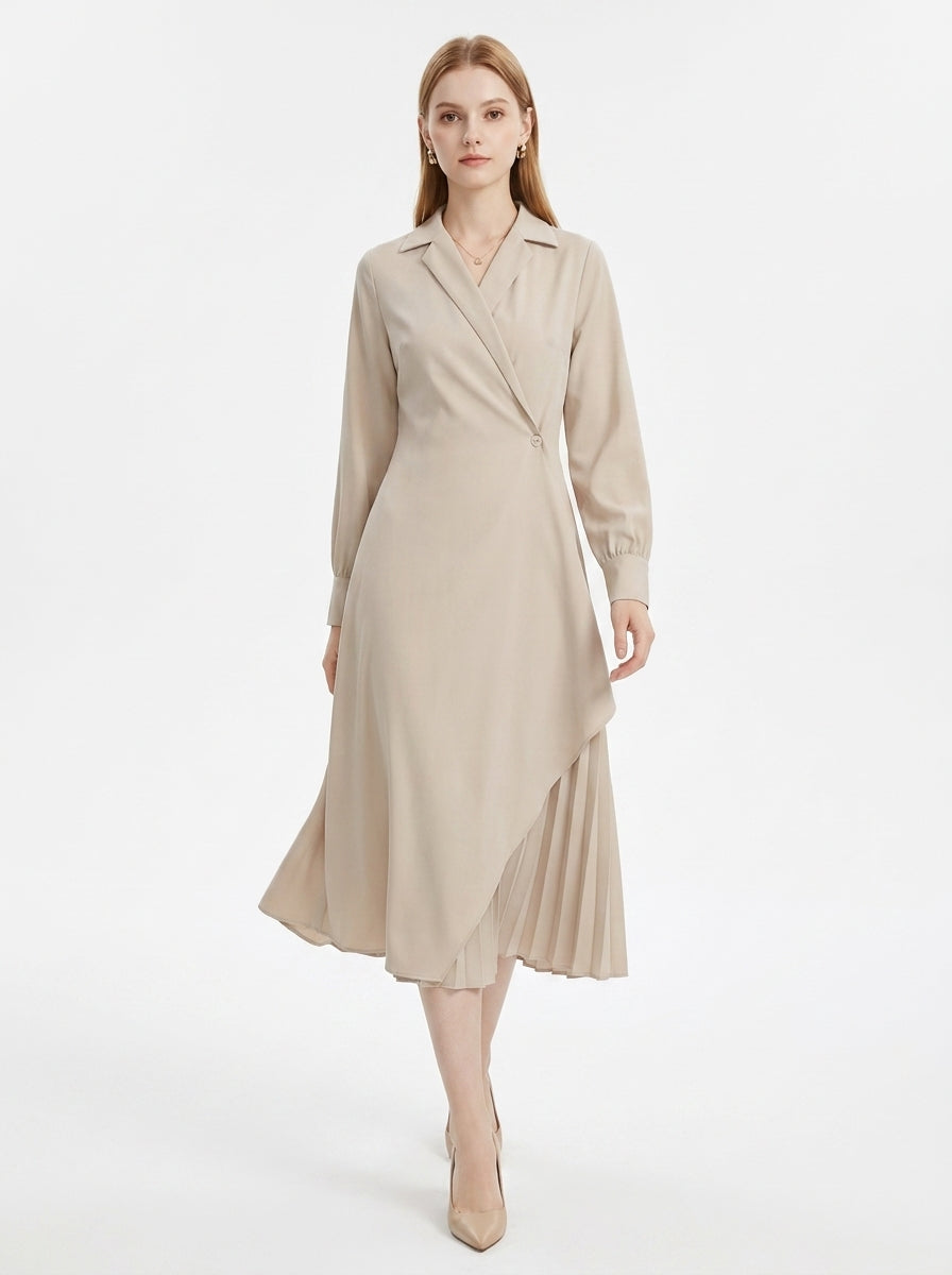LadyLuxury | Elegant Pleated Shirt Dress with Retro Suit Collar for Office & Workwear