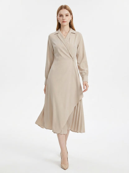 LadyLuxury | Elegant Pleated Shirt Dress with Retro Suit Collar for Office & Workwear