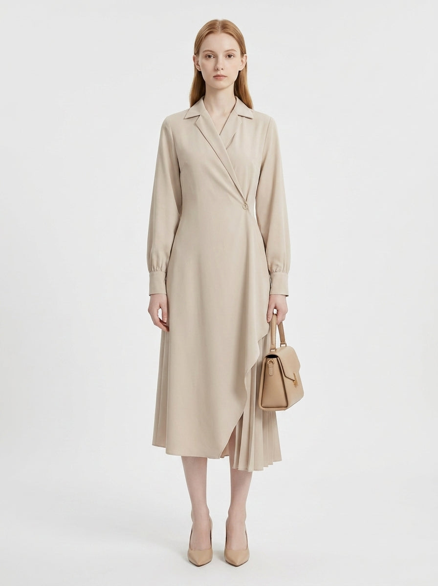 LadyLuxury | Elegant Pleated Shirt Dress with Retro Suit Collar for Office & Workwear