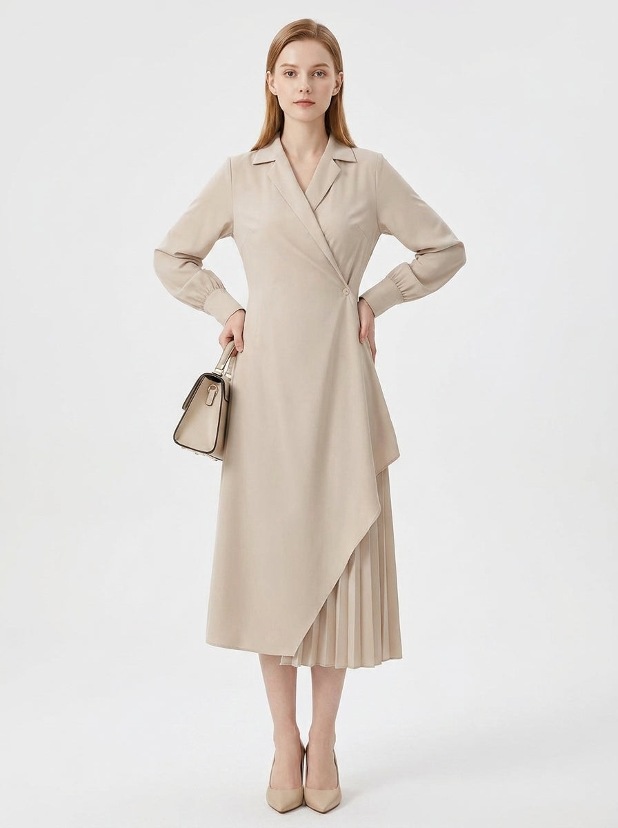 LadyLuxury | Elegant Pleated Shirt Dress with Retro Suit Collar for Office & Workwear