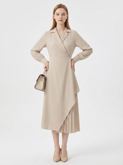 LadyLuxury | Elegant Pleated Shirt Dress with Retro Suit Collar for Office & Workwear