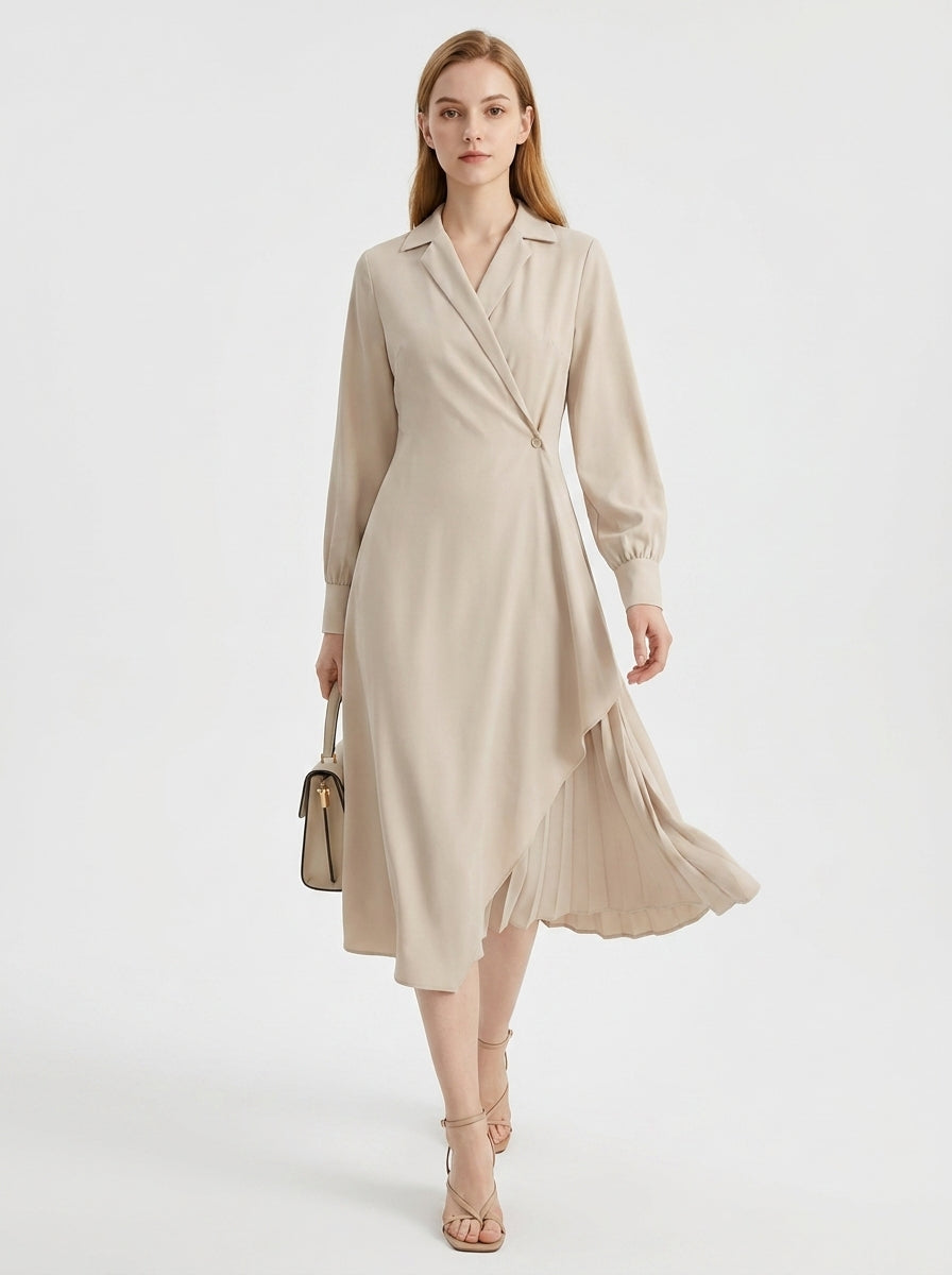 LadyLuxury | Elegant Pleated Shirt Dress with Retro Suit Collar for Office & Workwear