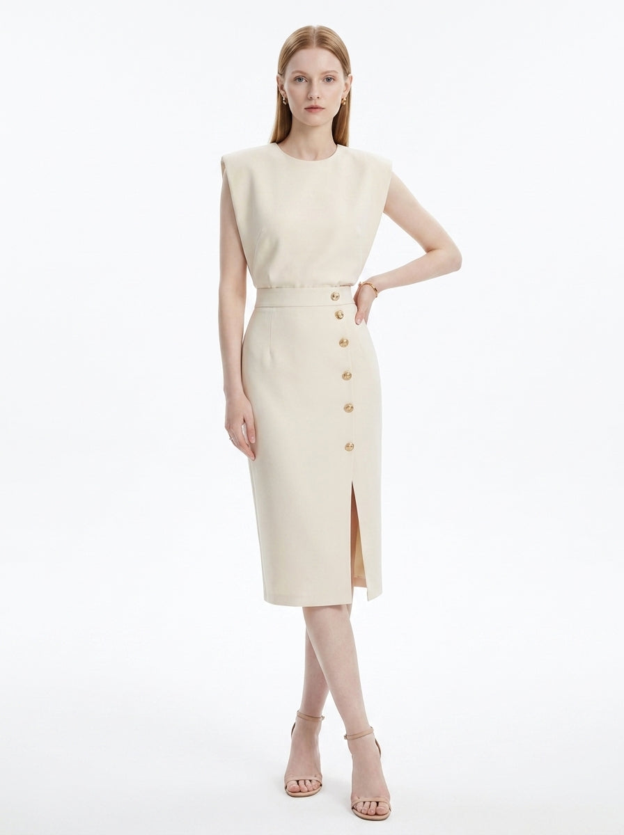 LadyLuxury | Sleeveless Button-Split Sheath Dress - Elegant Minimalist Office Midi