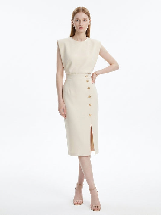 LadyLuxury | Sleeveless Button-Split Sheath Dress - Elegant Minimalist Office Midi