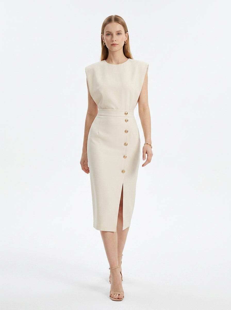 LadyLuxury | Sleeveless Button-Split Sheath Dress - Elegant Minimalist Office Midi