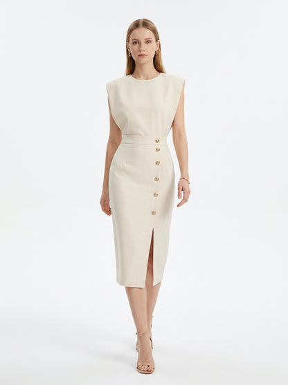 LadyLuxury | Sleeveless Button-Split Sheath Dress - Elegant Minimalist Office Midi