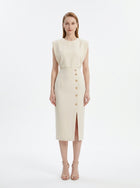 LadyLuxury | Sleeveless Button-Split Sheath Dress - Elegant Minimalist Office Midi