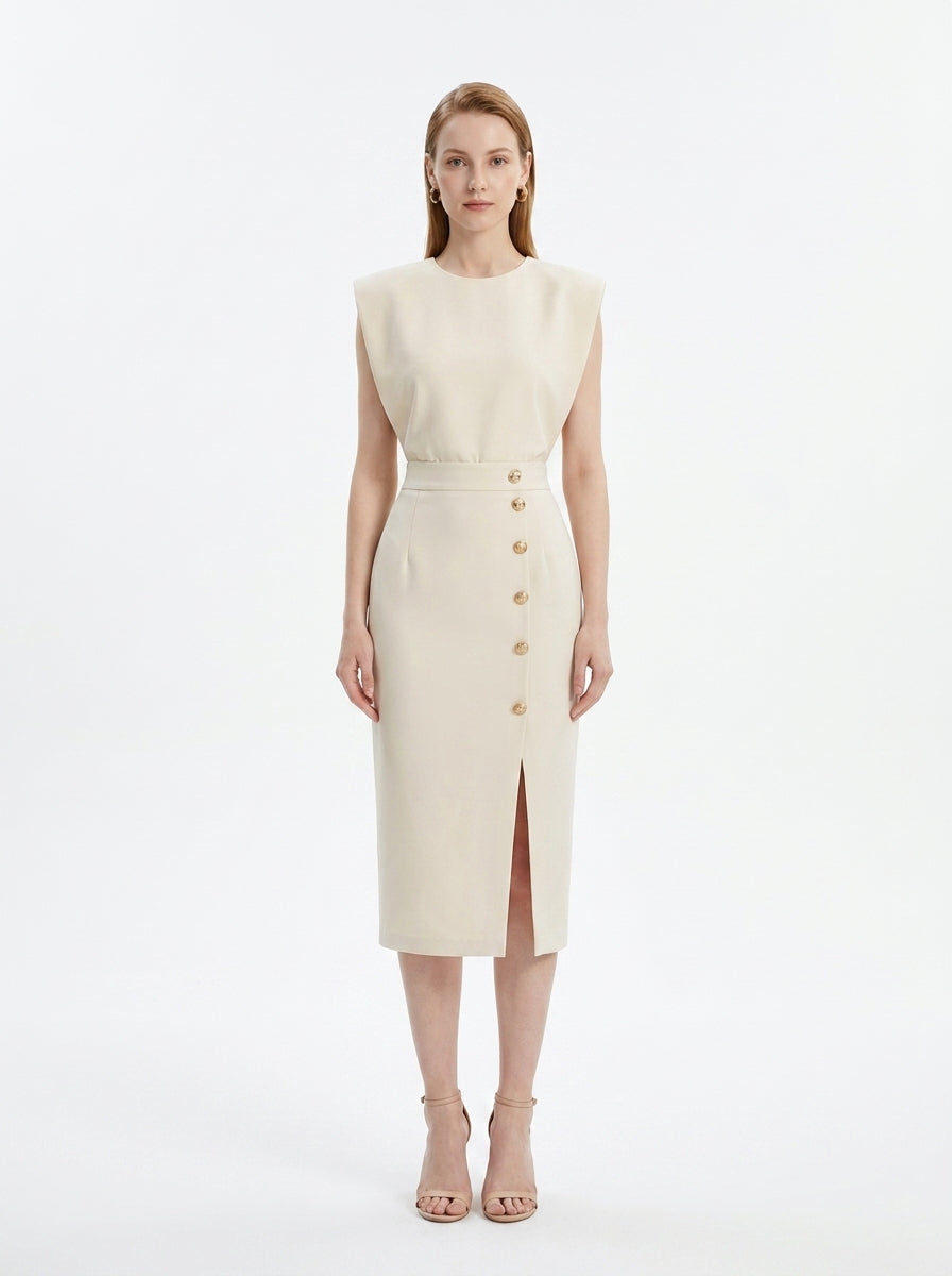 LadyLuxury | Sleeveless Button-Split Sheath Dress - Elegant Minimalist Office Midi
