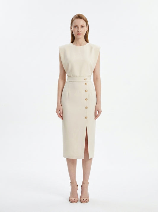 LadyLuxury | Sleeveless Button-Split Sheath Dress - Elegant Minimalist Office Midi