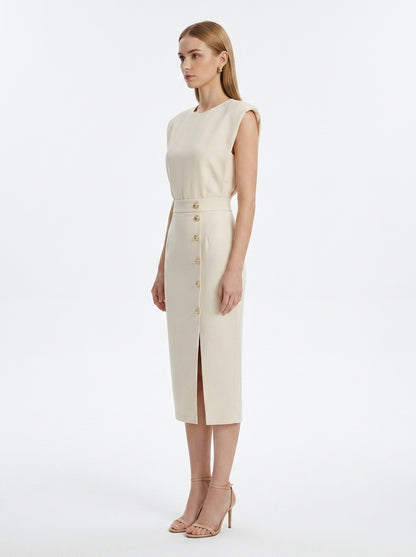 LadyLuxury | Sleeveless Button-Split Sheath Dress - Elegant Minimalist Office Midi