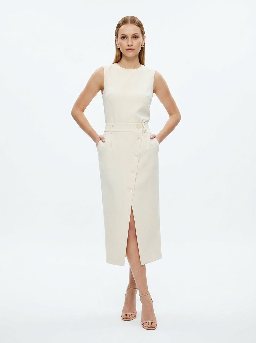 LadyLuxury | Sleeveless Button-Split Sheath Dress - Elegant Minimalist Office Midi