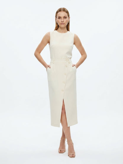 LadyLuxury | Sleeveless Button-Split Sheath Dress - Elegant Minimalist Office Midi