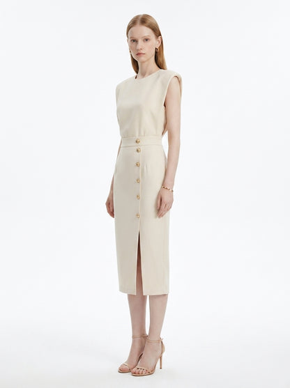 LadyLuxury | Sleeveless Button-Split Sheath Dress - Elegant Minimalist Office Midi