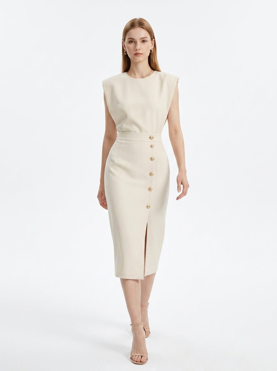 LadyLuxury | Sleeveless Button-Split Sheath Dress - Elegant Minimalist Office Midi