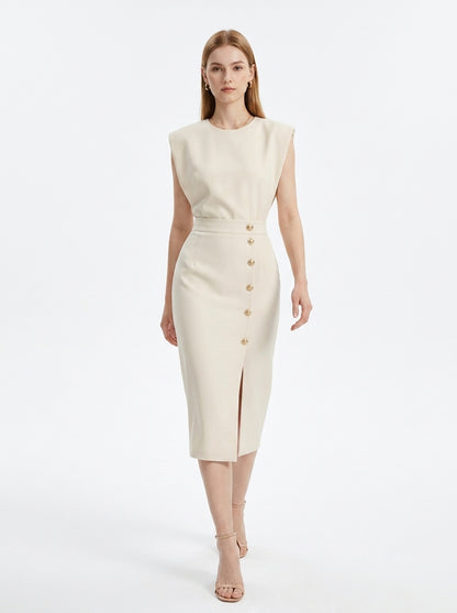 LadyLuxury | Sleeveless Button-Split Sheath Dress - Elegant Minimalist Office Midi