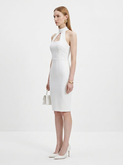 LadyLuxury | Ivory High-Neck Architectural Midi Dress