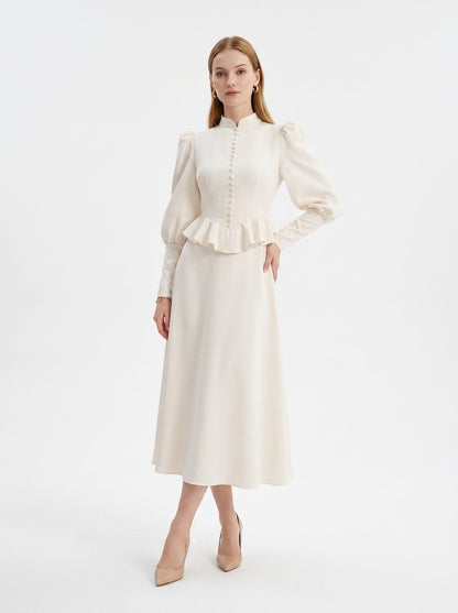 LadyLuxury | Vintage Victorian Peplum Maxi Dress with Ruffled High Neck