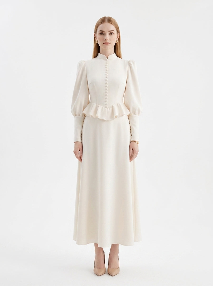 LadyLuxury | Vintage Victorian Peplum Maxi Dress with Ruffled High Neck
