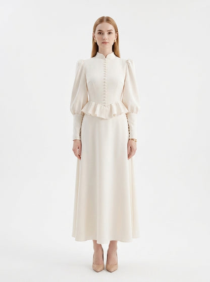 LadyLuxury | Vintage Victorian Peplum Maxi Dress with Ruffled High Neck